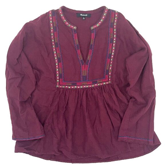 Madewell Tops - MADEWELL - Burgundy Embroidered Peasant Top (cotton/wool blend) - Size XS